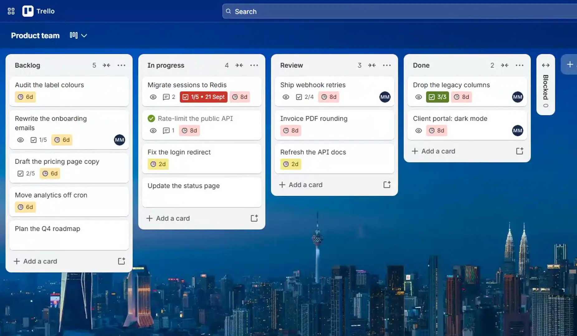 A Trello board called Product team with Card Age on. Cards carry clock badges such as 2d, 6d and 8d, tinted by how long each has sat still, and the newest cards carry none.