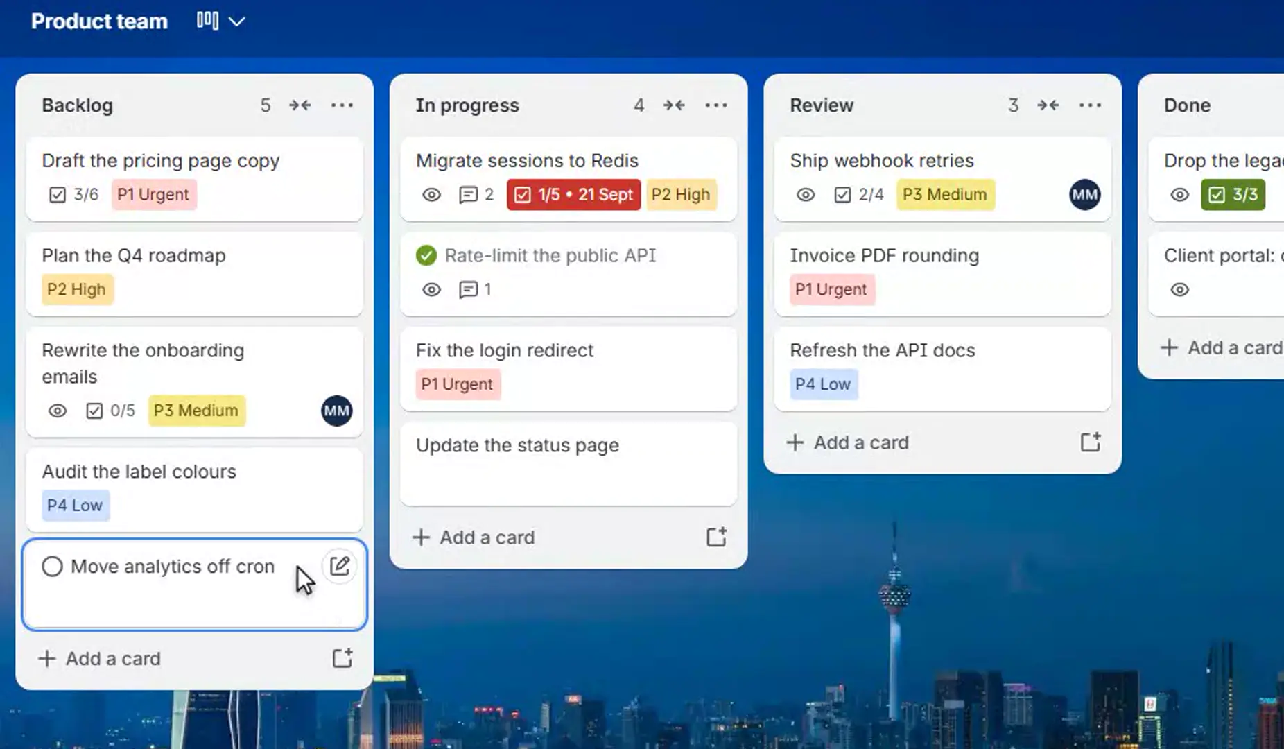 A Trello board with Card Priority on. The Backlog list, just sorted by priority, reads P1 Urgent, P2 High, P3 Medium and P4 Low from the top, with a card without a priority at the bottom.