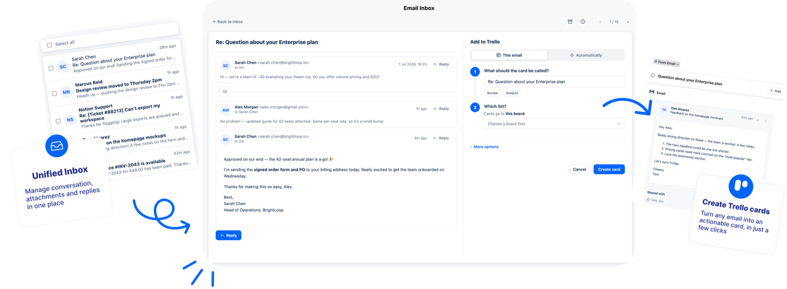 Email Inbox — a Gmail inbox open inside Trello, turning emails into cards