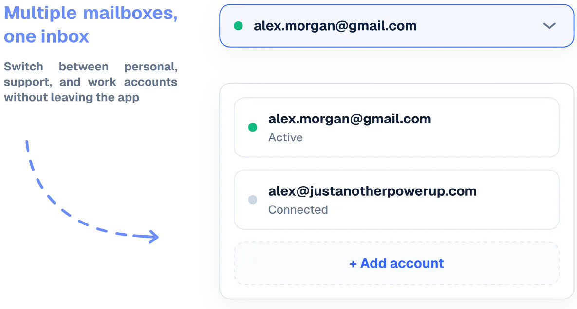 The account switcher open, with two connected Gmail accounts and an Add account button.