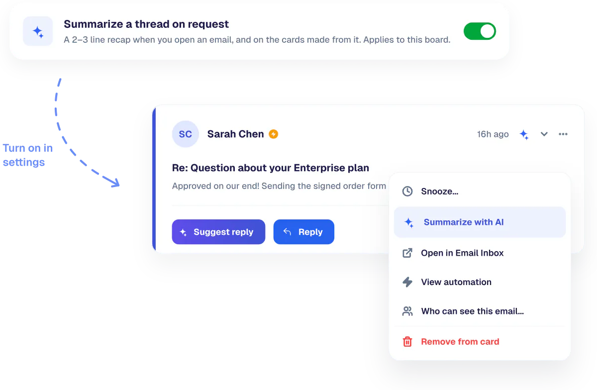 The summarize-on-request setting turned on, and Summarize with AI in a card&rsquo;s email menu.