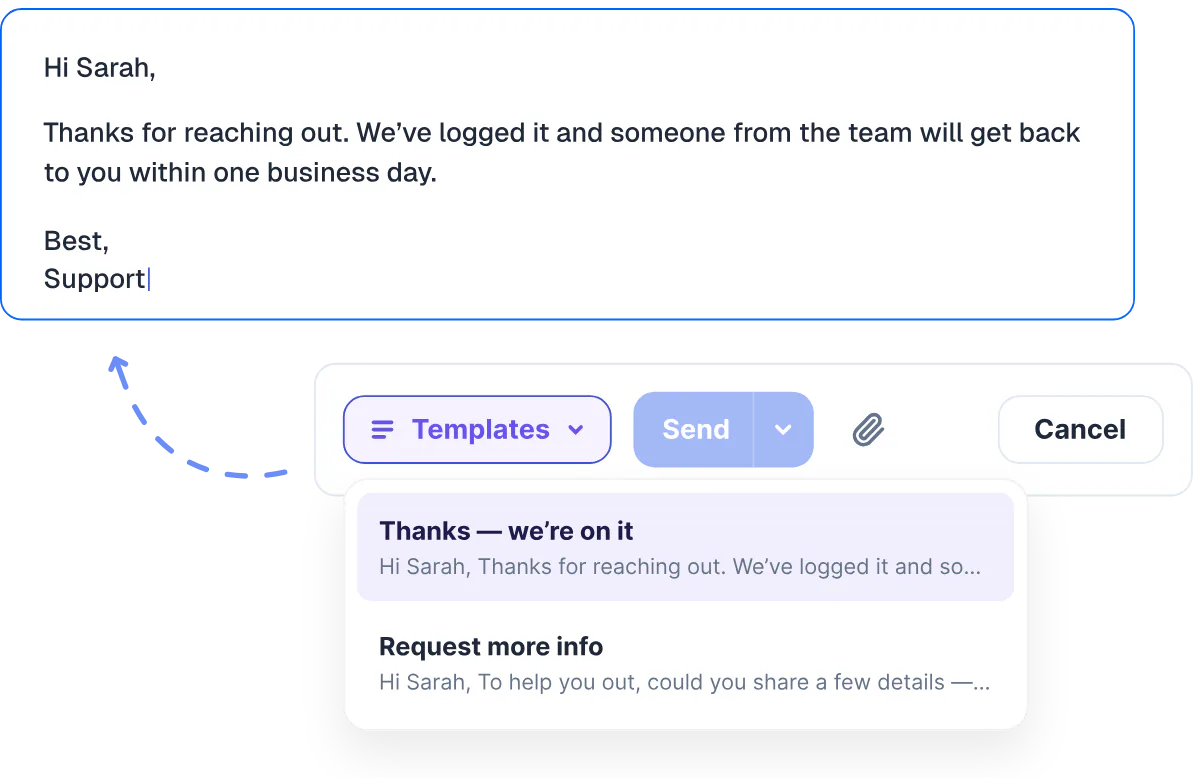 A reply on a card with the Templates menu open, offering saved replies to drop in.