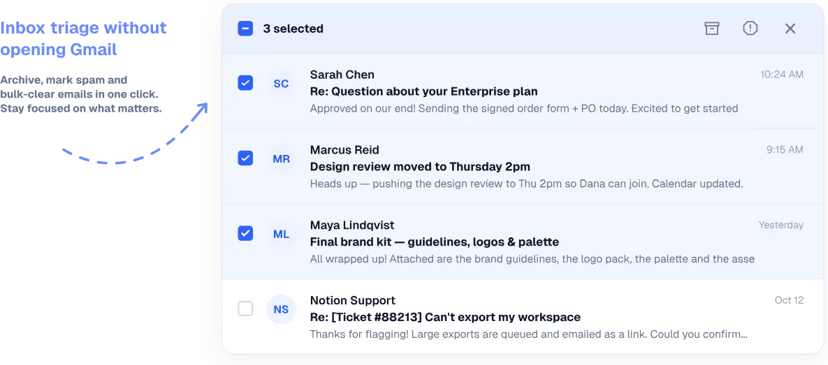 Three emails ticked in the inbox, with archive and spam actions in the selection bar.