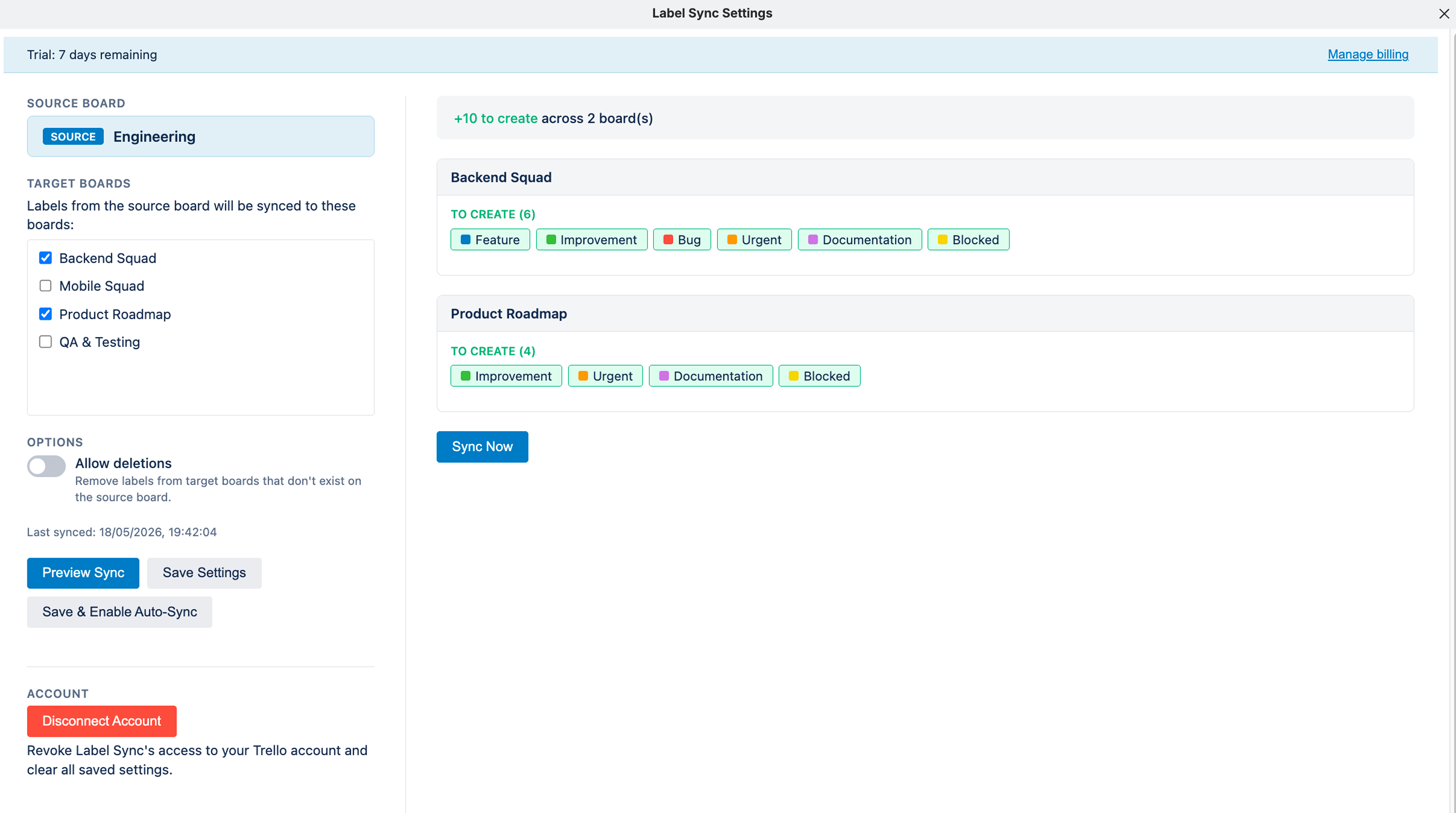 Preview Sync result showing labels to be created on target board