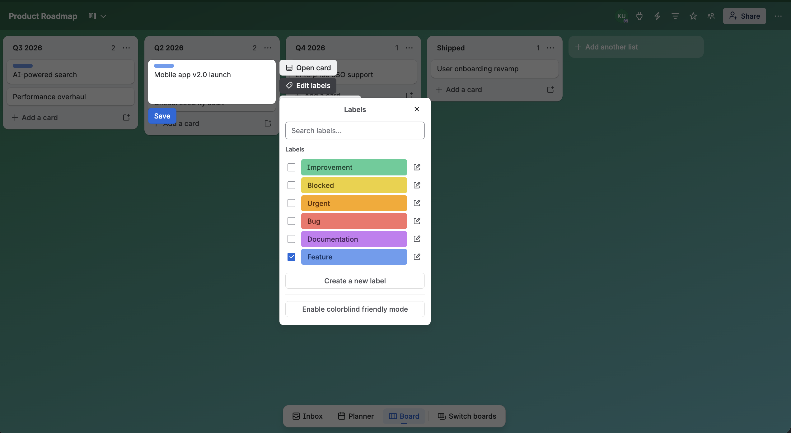 Product Roadmap board with all synced labels visible